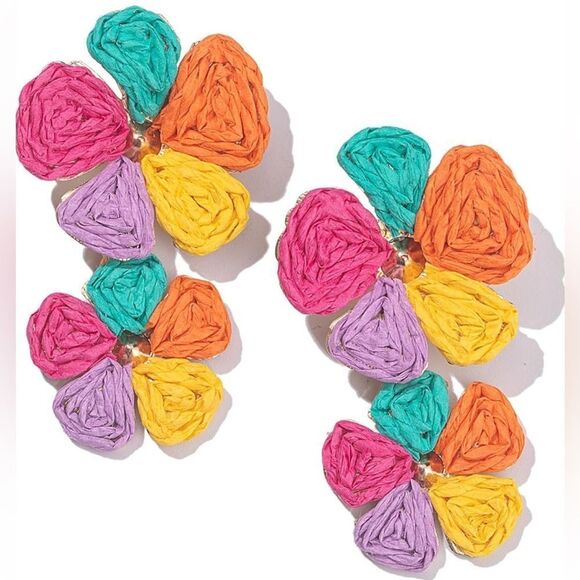 Flower Drop Earrings Floral Raffia Boho Statement Dangle Trendy Cute Earrings - Picture 1 of 9